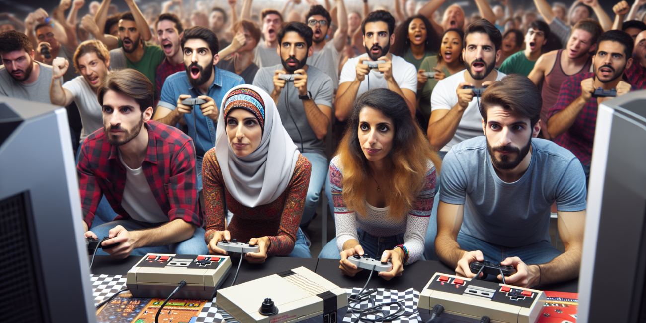 Intense competition at a retro gaming event with players and audience.