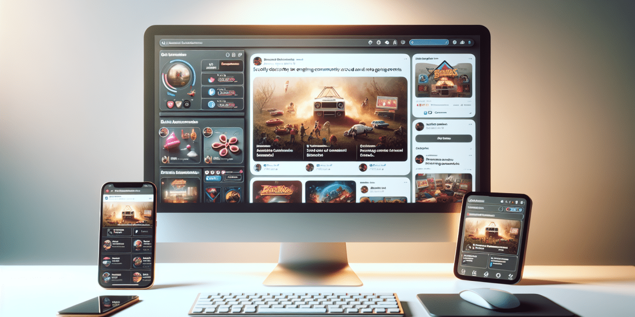 Social media dashboard promoting retro gaming events on a computer screen.