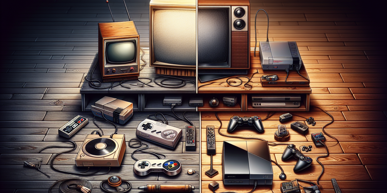 Retro vs. modern gaming setup showing a CRT and flat-screen monitor.