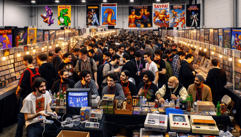 Retro gaming expo floor with vendors.