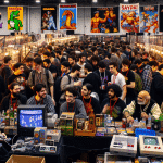 Retro gaming expo floor with vendors.