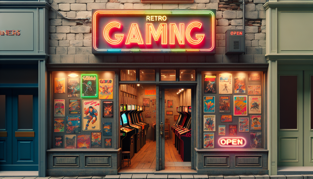 Retro gaming store facade with neon sign.