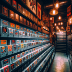 Retro gaming store interior with shelves.