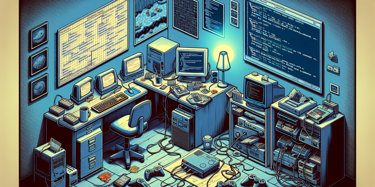 Home office for retro gaming streaming with game play session on display.
