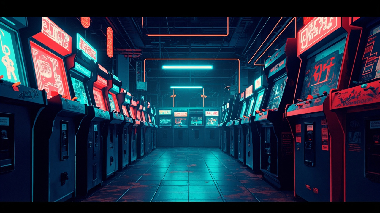 Illustration of a neon-lit retro arcade interior