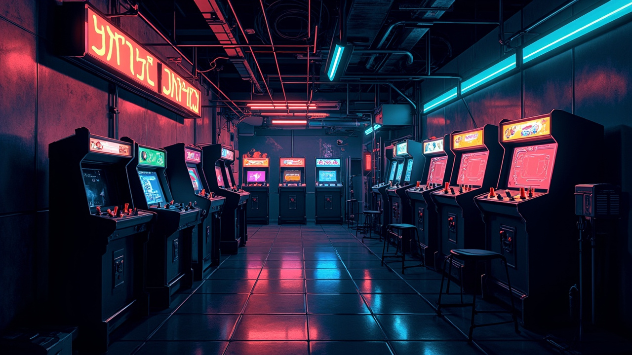 Illustration of a neon-lit retro arcade interior