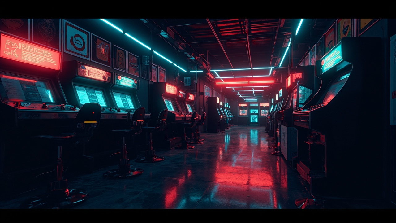 Illustration of a neon-lit retro arcade interior