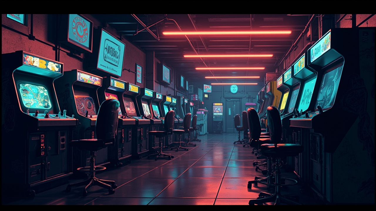 Illustration of a neon-lit retro arcade interior