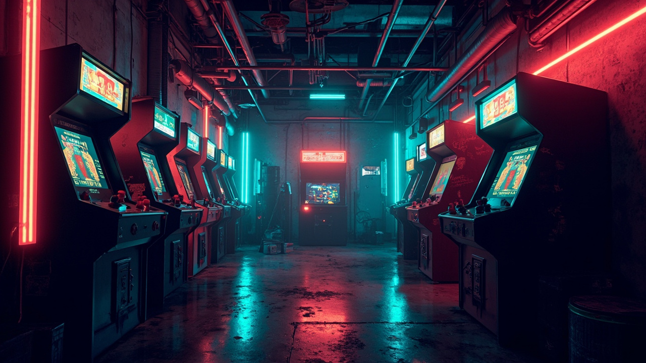 Illustration of a neon-lit retro arcade interior