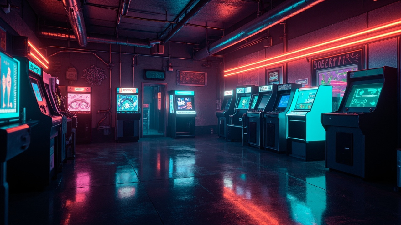 Illustration of a neon-lit retro arcade interior