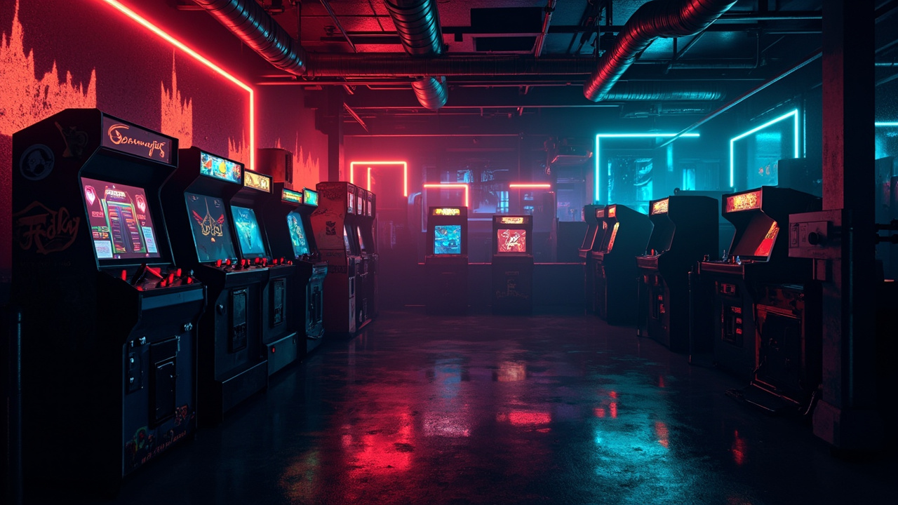 Illustration of a neon-lit retro arcade interior