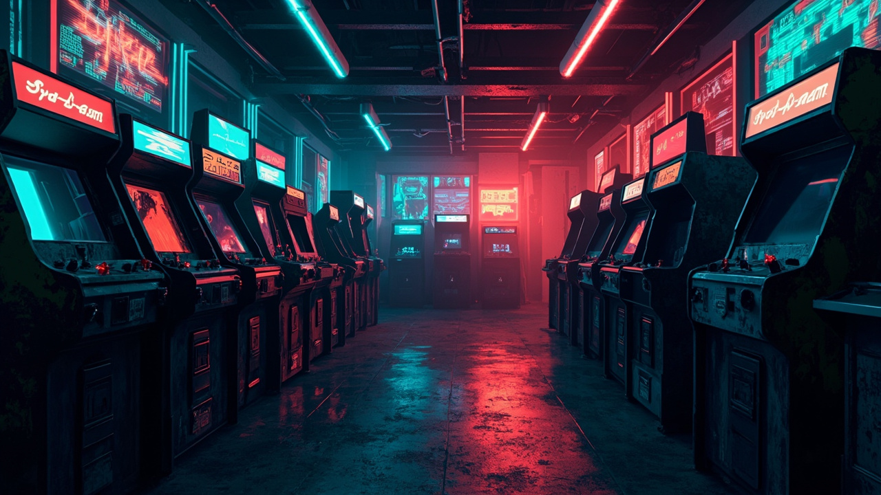 Illustration of a neon-lit retro arcade interior