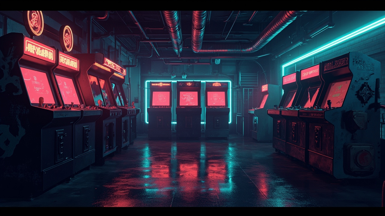 Illustration of a neon-lit retro arcade interior