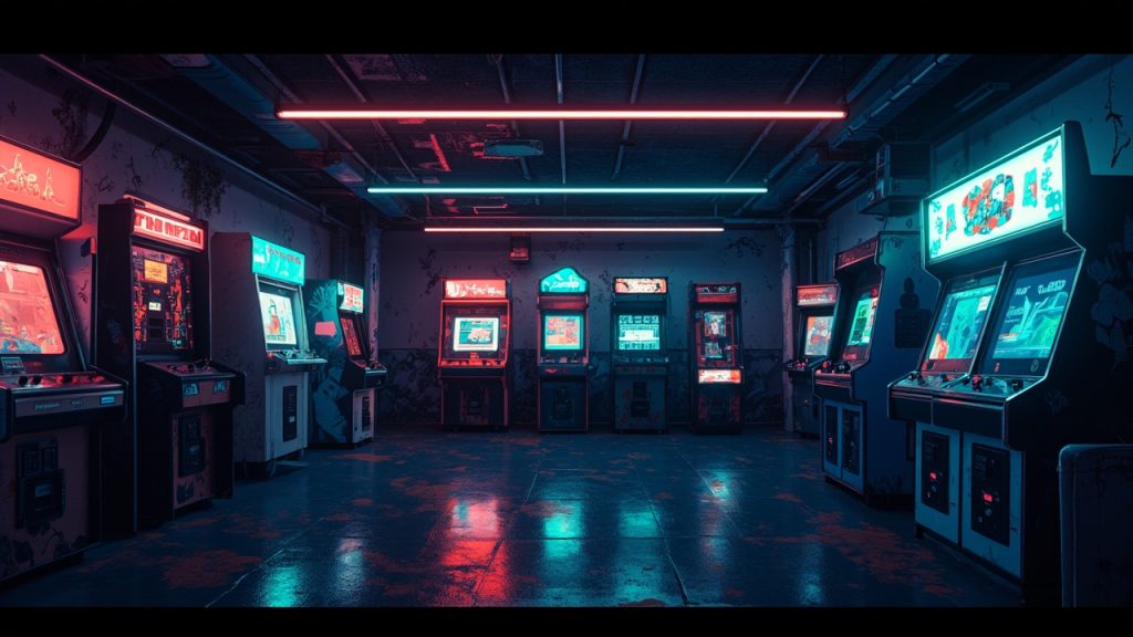 Illustration of a neon-lit retro arcade interior