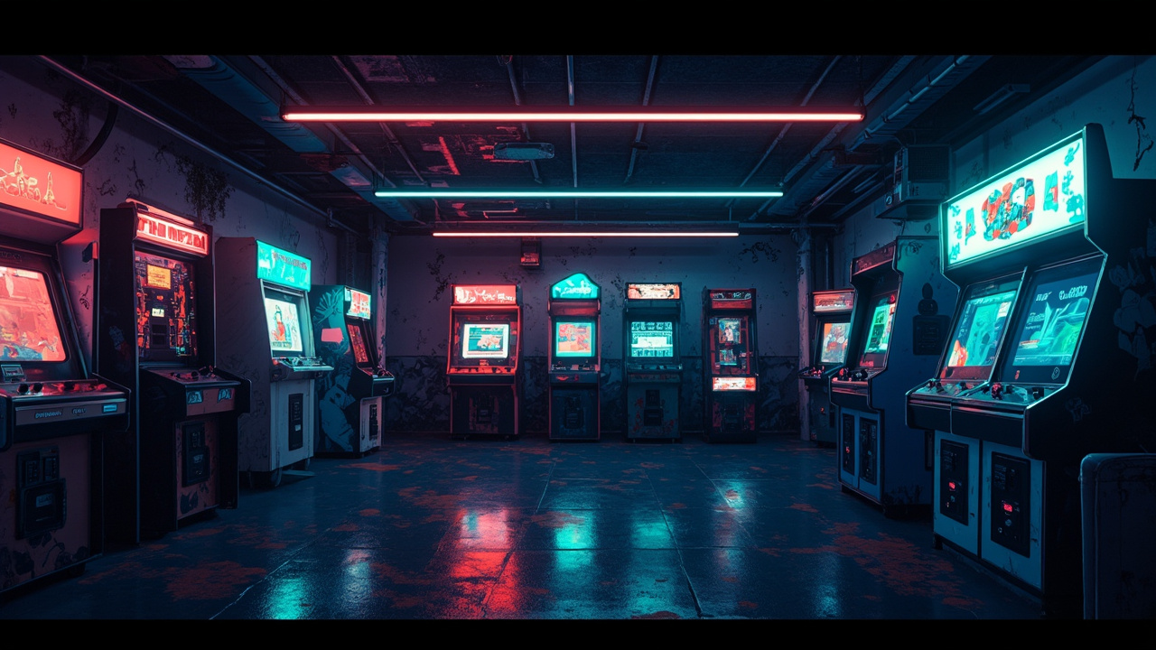 Illustration of a neon-lit retro arcade interior