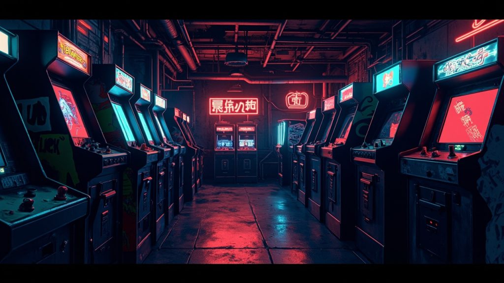 Illustration of a neon-lit retro arcade interior