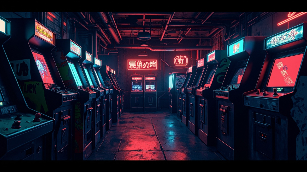 Illustration of a neon-lit retro arcade interior