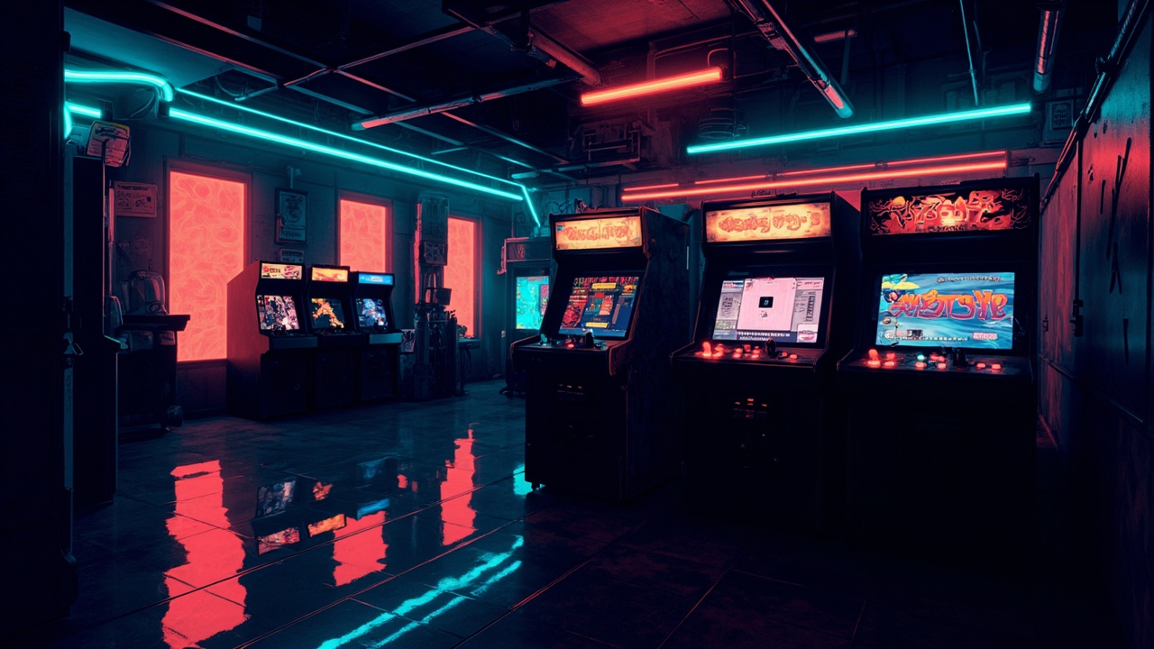 Illustration of a neon-lit retro arcade interior