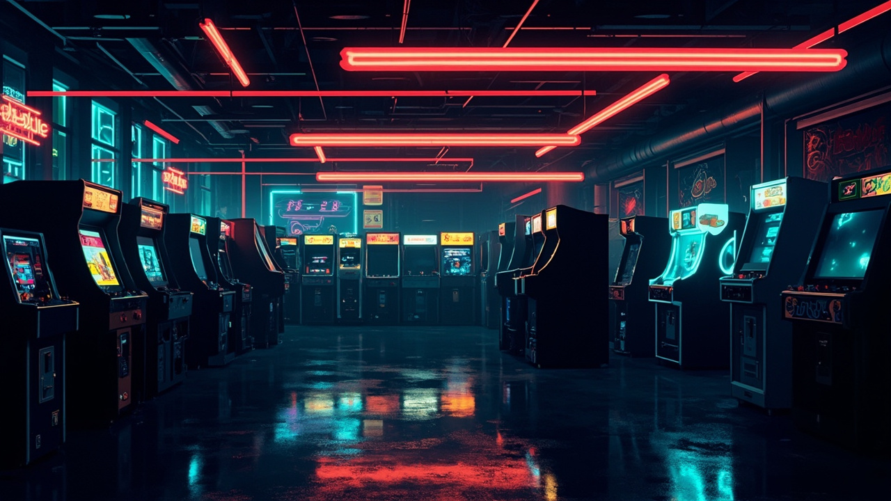 Illustration of a neon-lit retro arcade interior