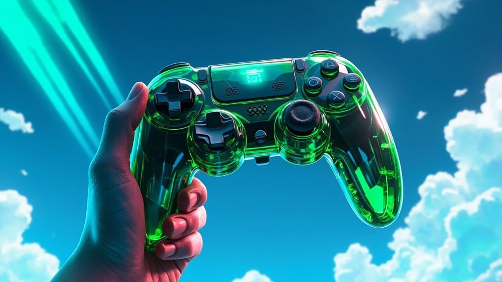 Illustration: A translucent green wireless video game controller with twin analog sticks, a directional pad, and multiple action buttons is held up against a bright blue sky with scattered clouds.