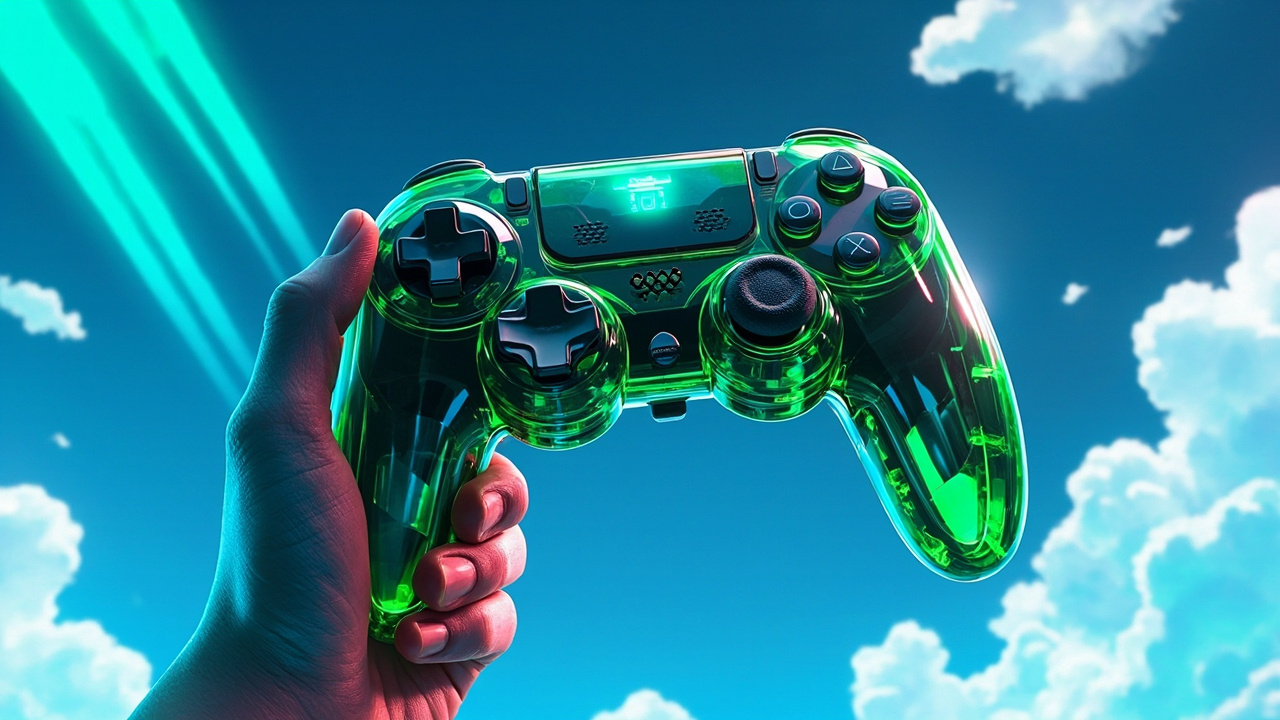 Illustration: A translucent green wireless video game controller with twin analog sticks, a directional pad, and multiple action buttons is held up against a bright blue sky with scattered clouds.