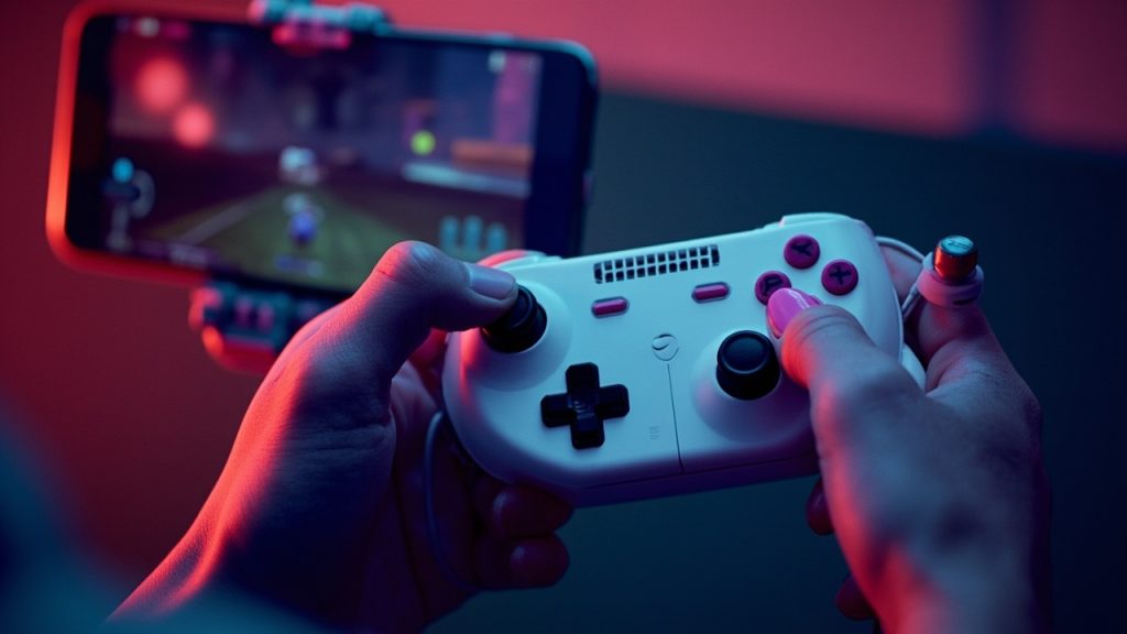 Illustration: A compact white mini gamepad with a black D-pad, pink action buttons, shoulder triggers, and a clip mechanism is held in a hand in front of a smartphone displaying a game.