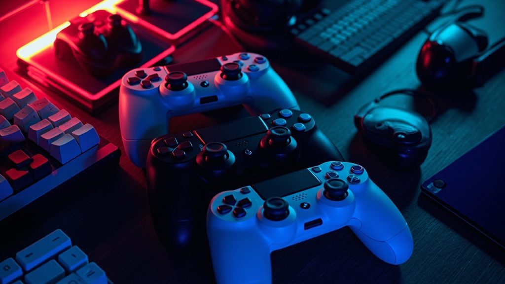 Illustration: An assortment of wireless game controllers in white, black, and blue resting on a wooden surface alongside a keyboard, tablet, and other gaming accessories.