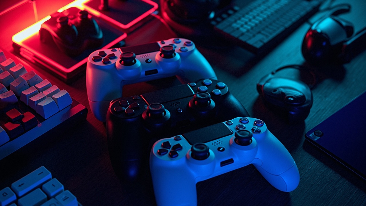 Illustration: An assortment of wireless game controllers in white, black, and blue resting on a wooden surface alongside a keyboard, tablet, and other gaming accessories.