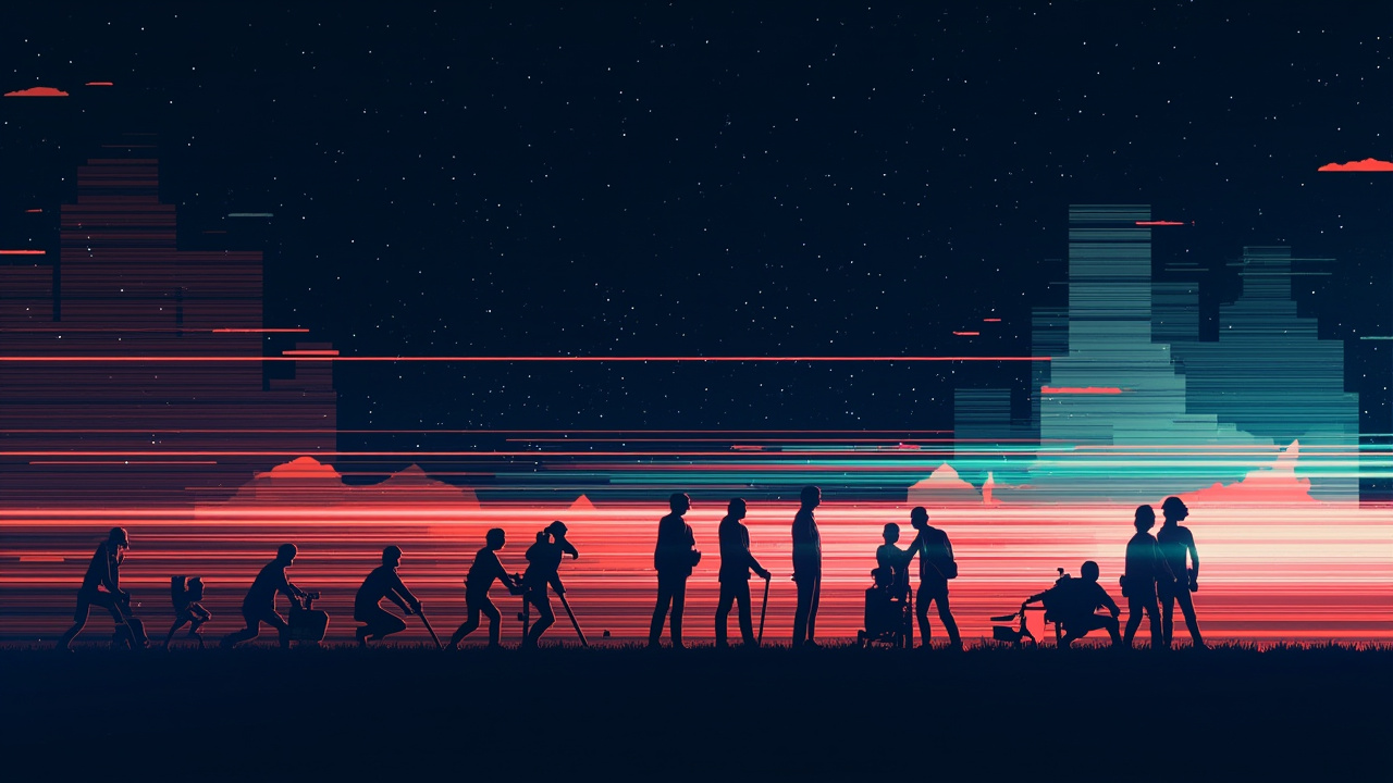 Illustration: A digital graphic displays pixelated character figures against a dark, starry background with motion streaks suggesting movement.