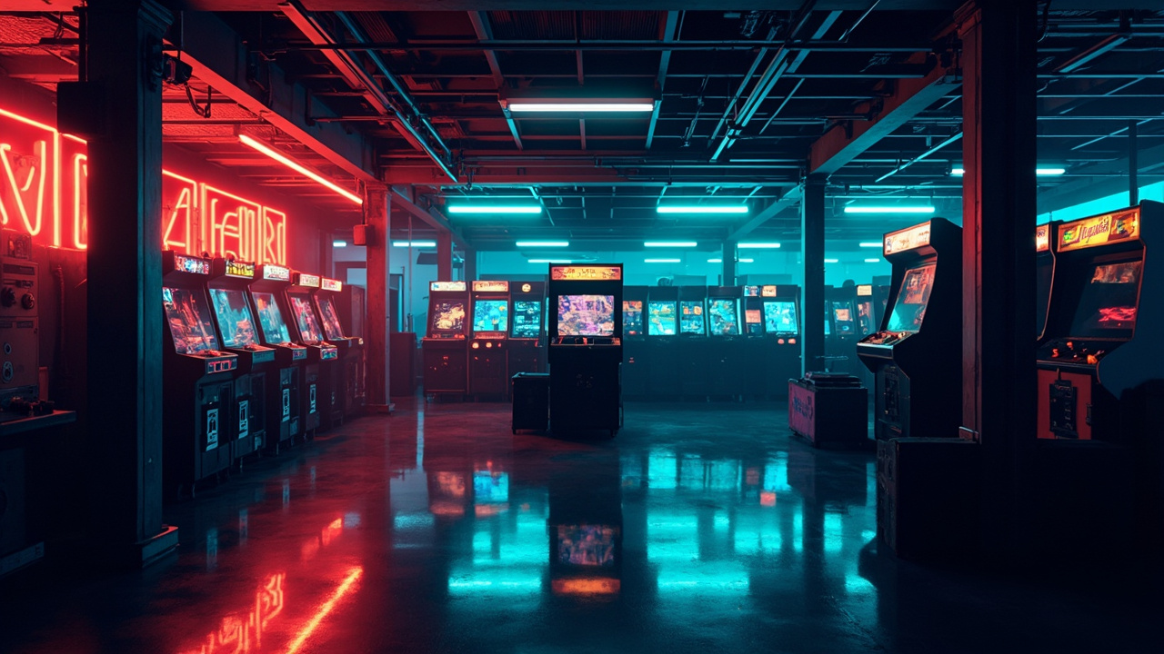 Illustration of a neon-lit retro arcade interior