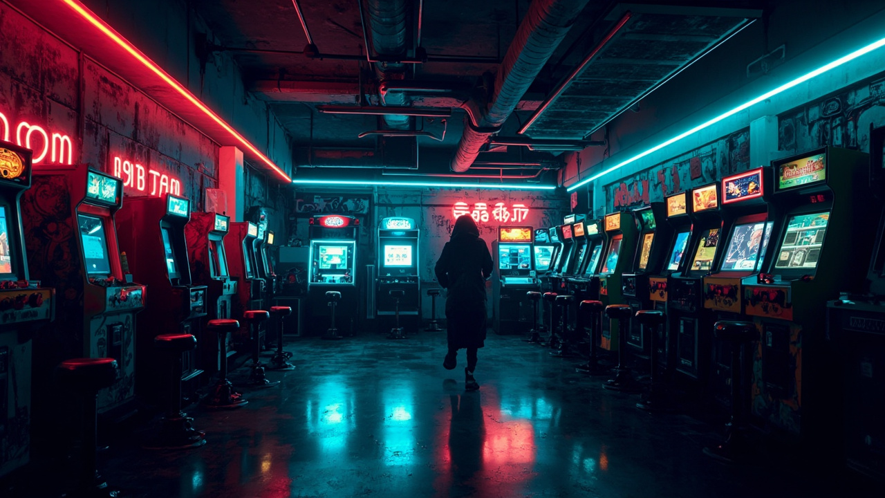 Illustration of a neon-lit retro arcade interior