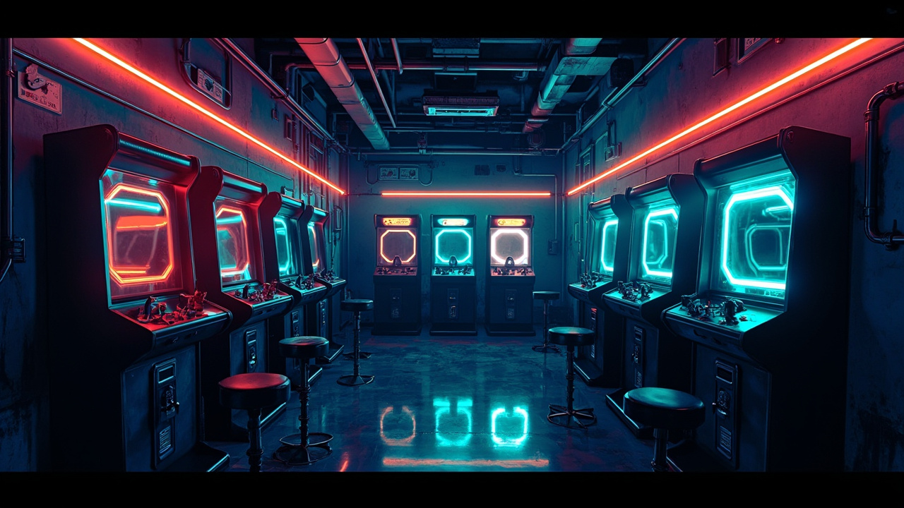 Illustration of a neon-lit retro arcade interior