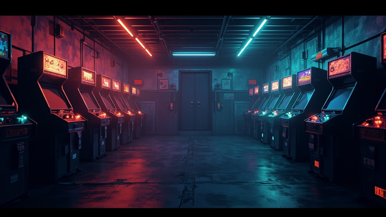 Illustration of a neon-lit retro arcade interior