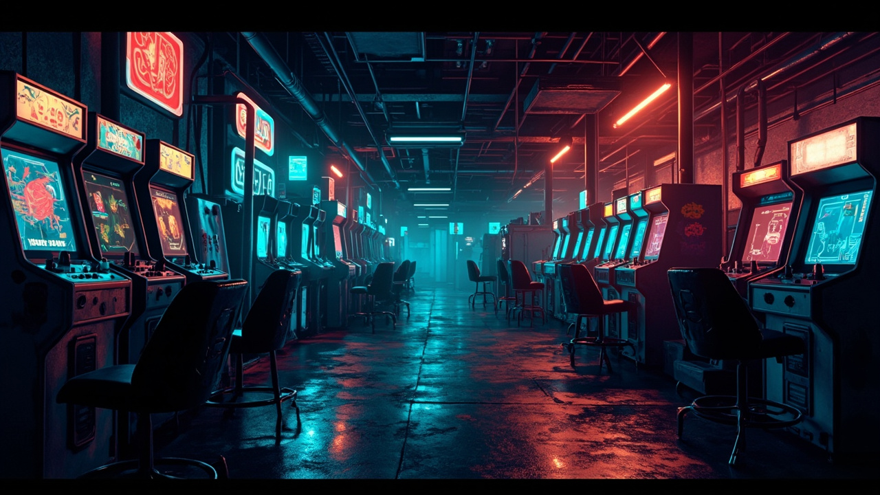 Illustration of a neon-lit retro arcade interior