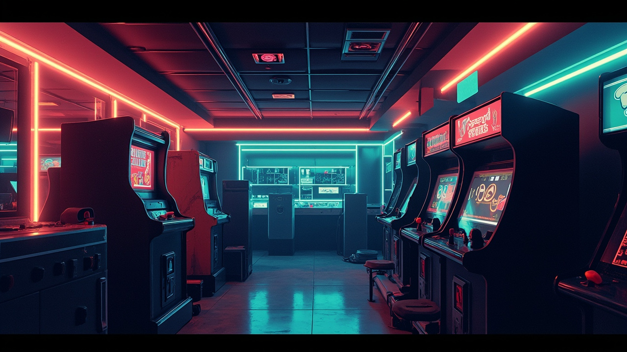 Illustration of a neon-lit retro arcade interior