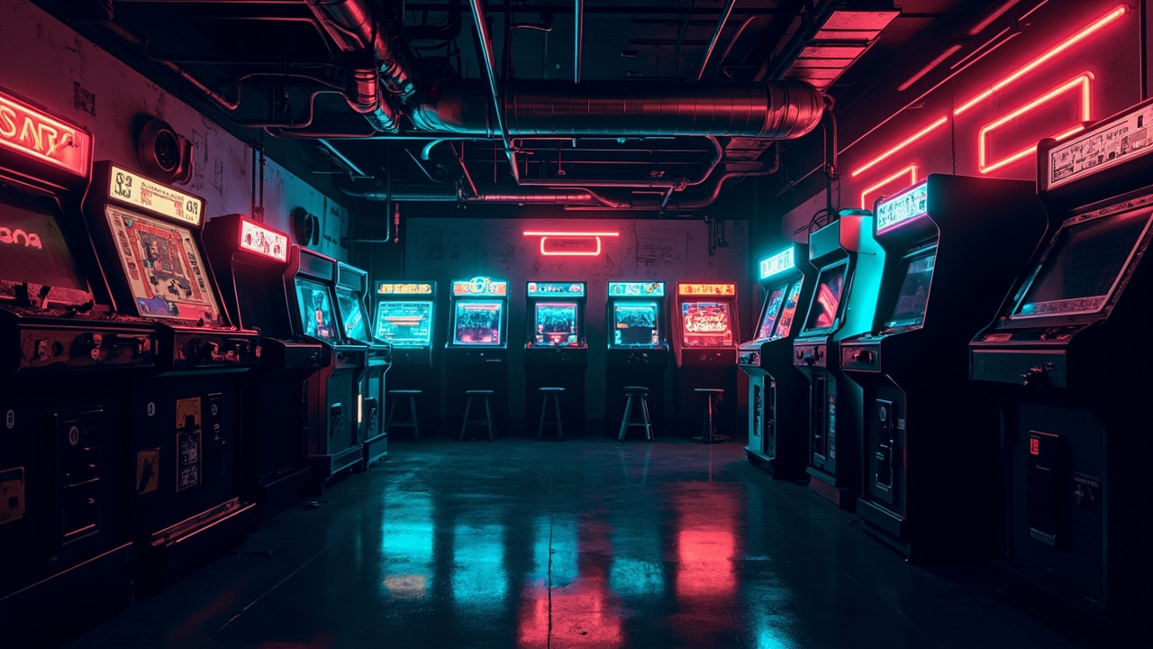 Illustration of a neon-lit retro arcade interior