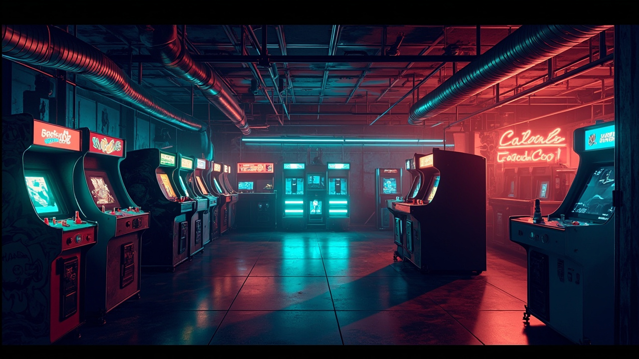 Illustration of a neon-lit retro arcade interior