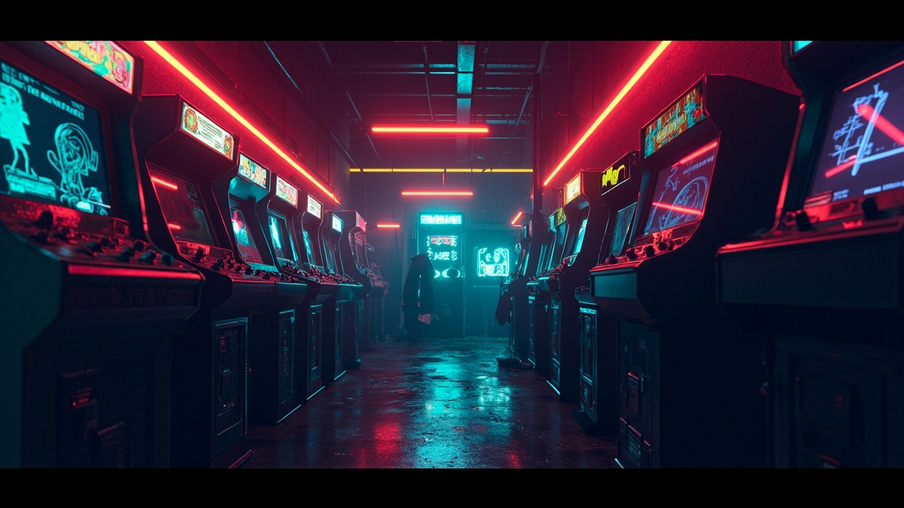 Illustration of a neon-lit retro arcade interior
