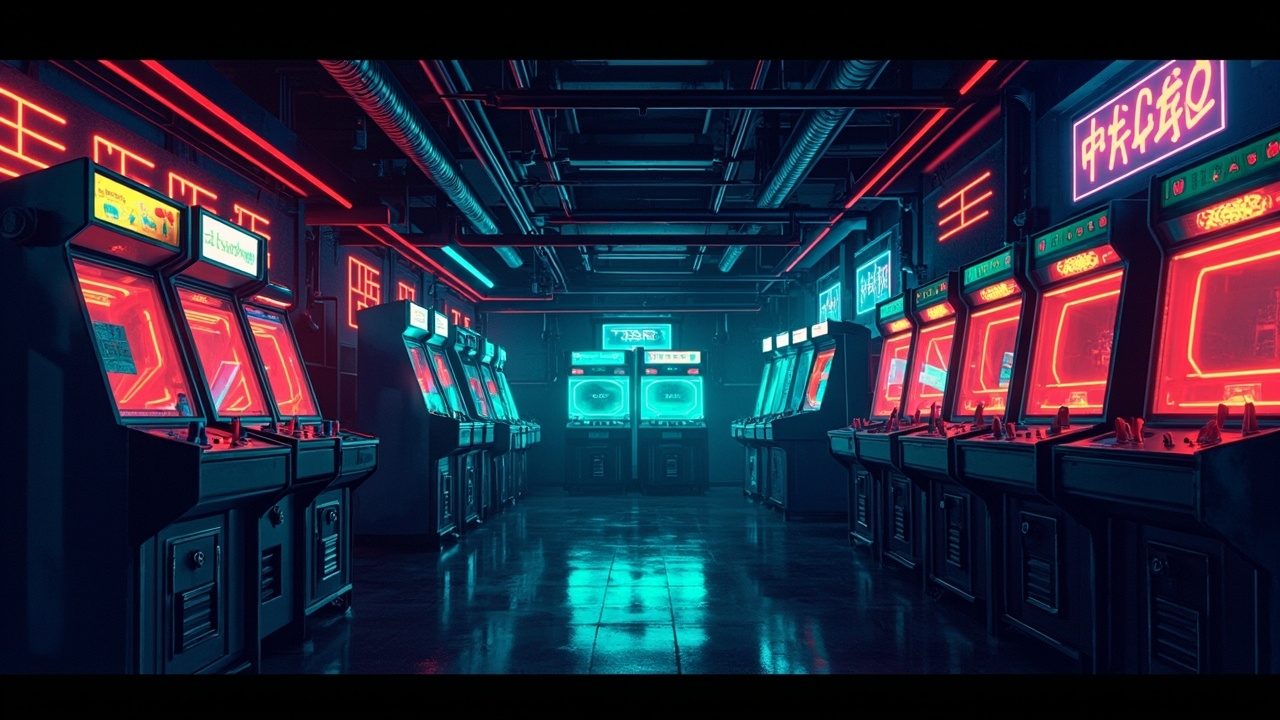 Illustration of a neon-lit retro arcade interior