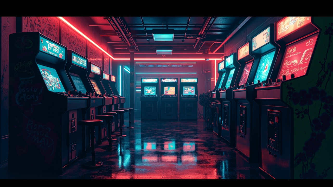 Illustration of a neon-lit retro arcade interior
