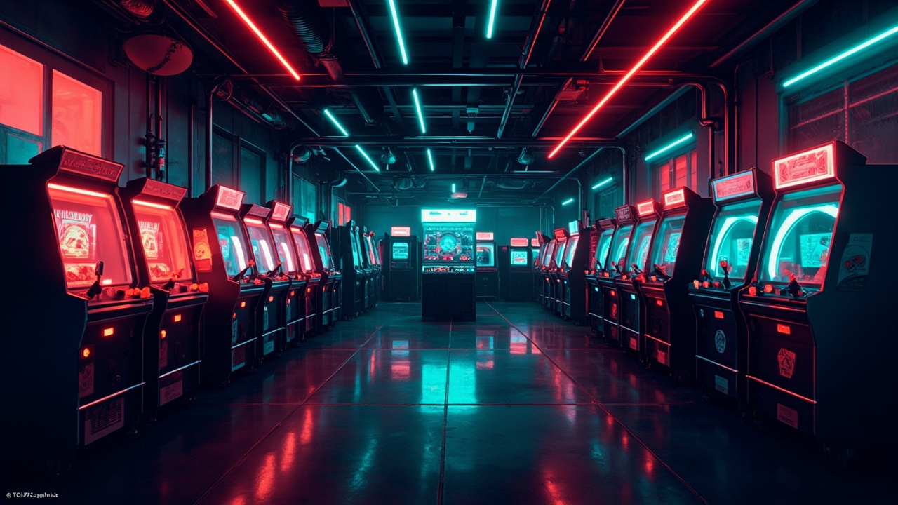 Illustration of a neon-lit retro arcade interior