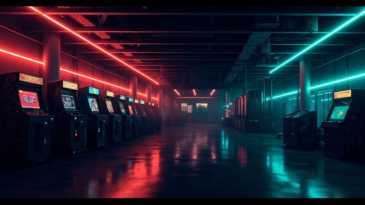 Illustration of a neon-lit retro arcade interior