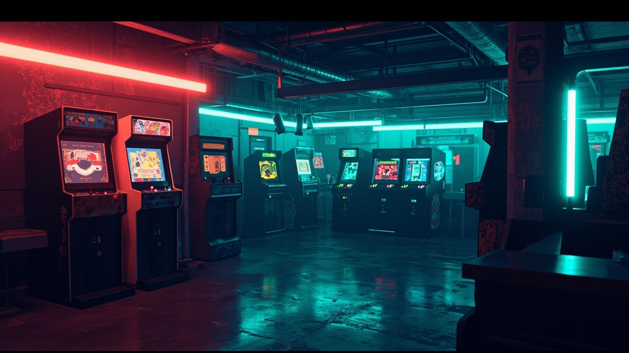 Illustration of a neon-lit retro arcade interior