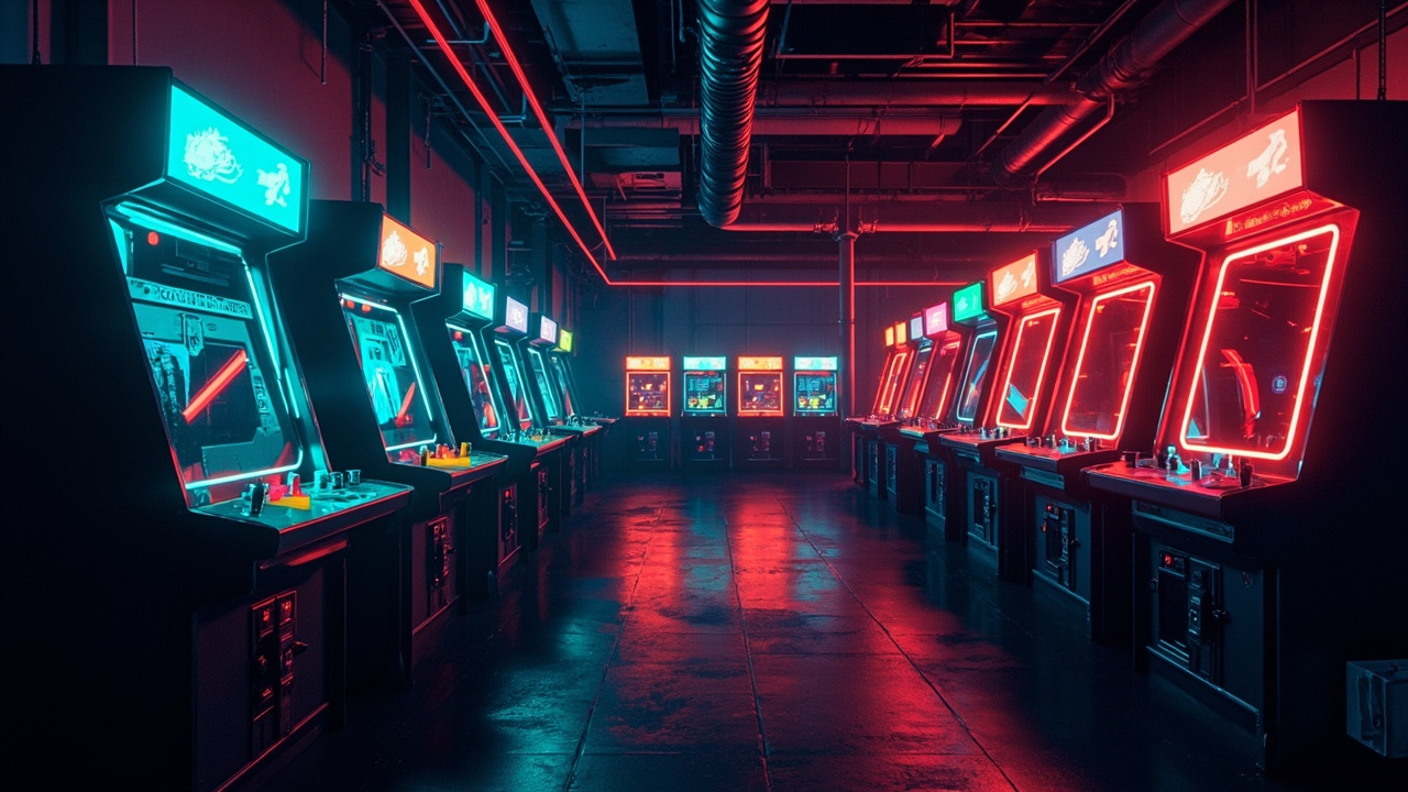 Illustration of a neon-lit retro arcade interior