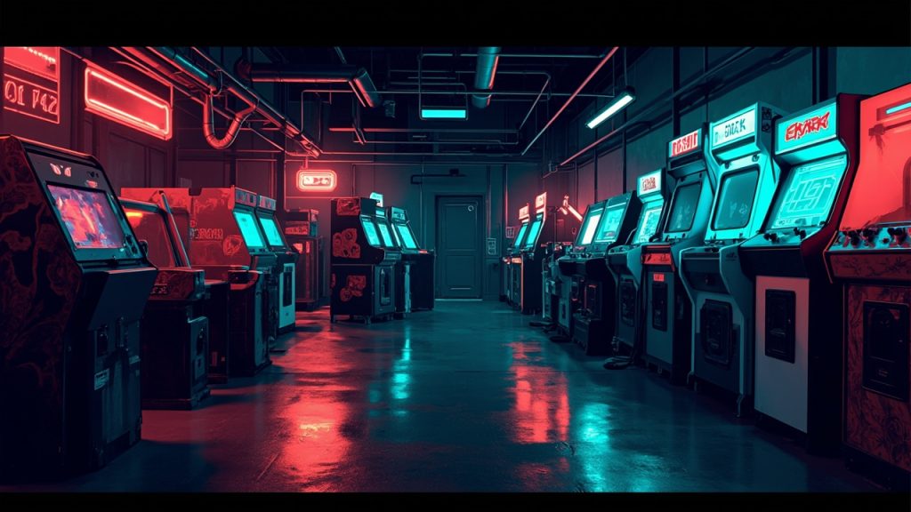 Illustration of a neon-lit retro arcade interior