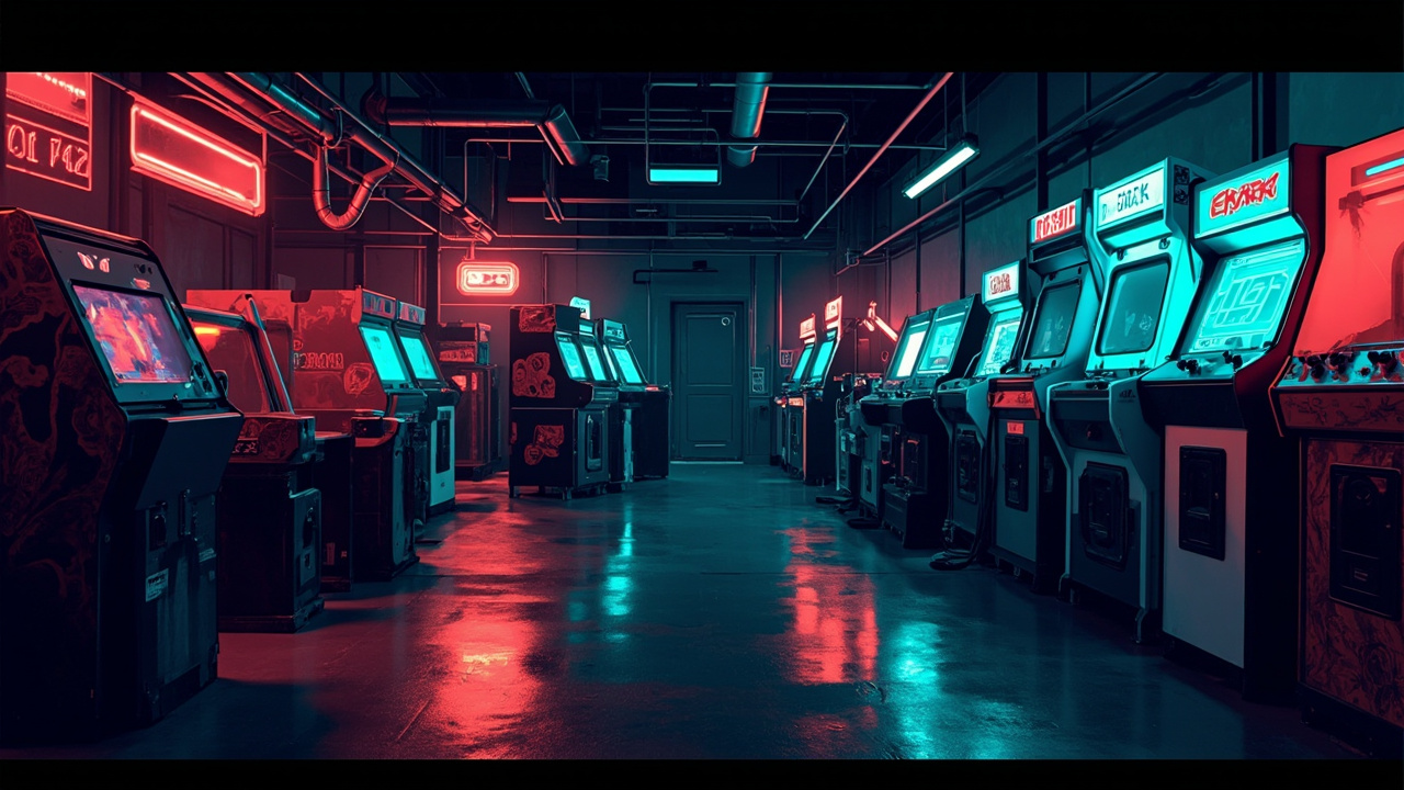 Illustration of a neon-lit retro arcade interior