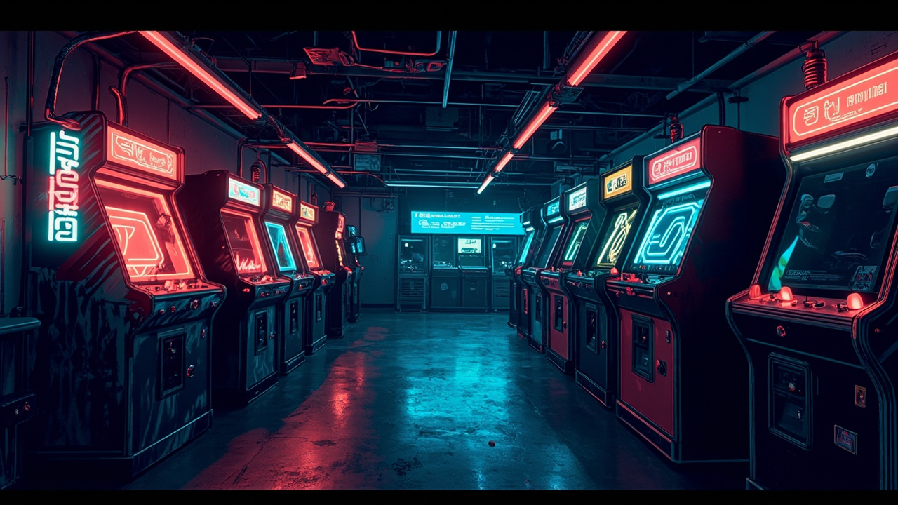 Illustration of a neon-lit retro arcade interior