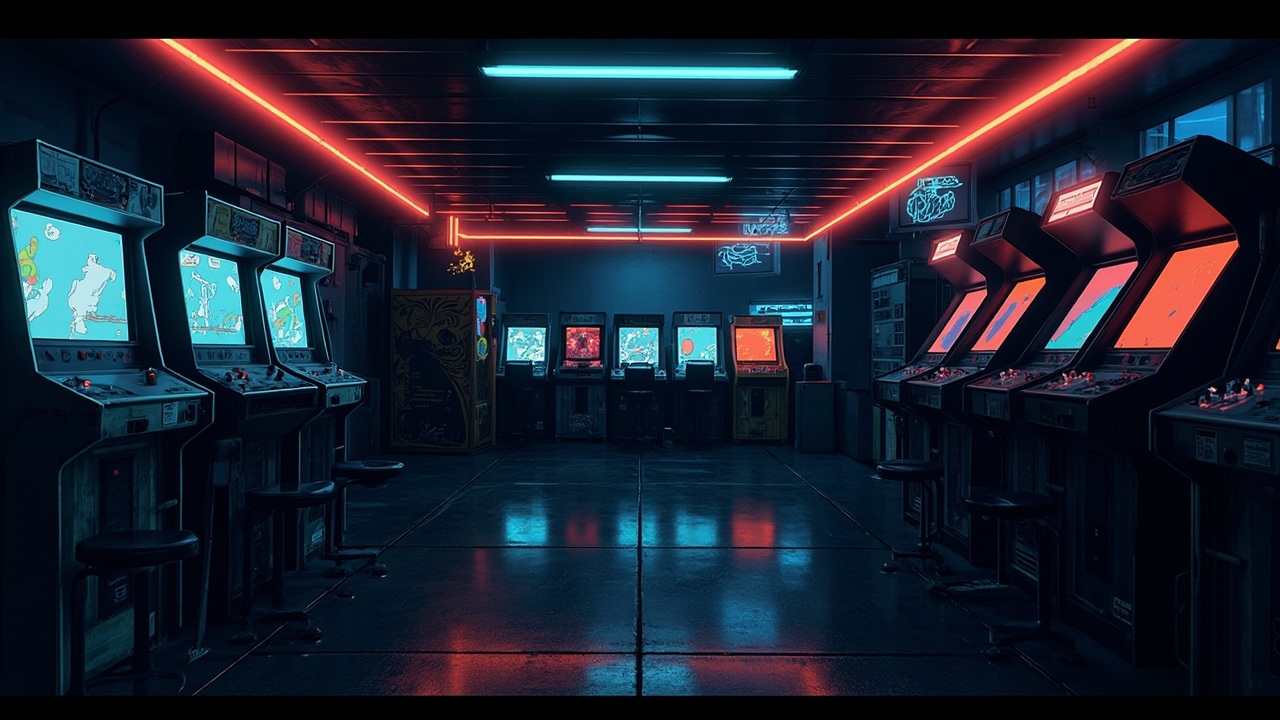 Illustration of a neon-lit retro arcade interior
