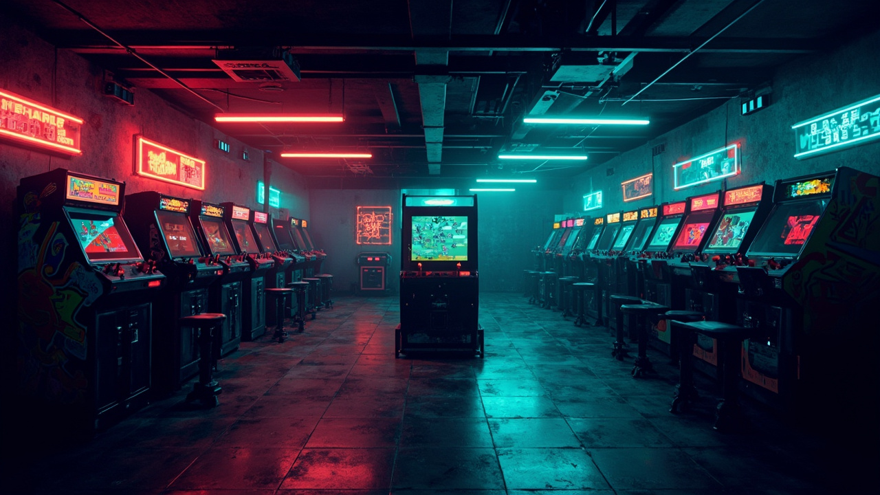 Illustration of a neon-lit retro arcade interior