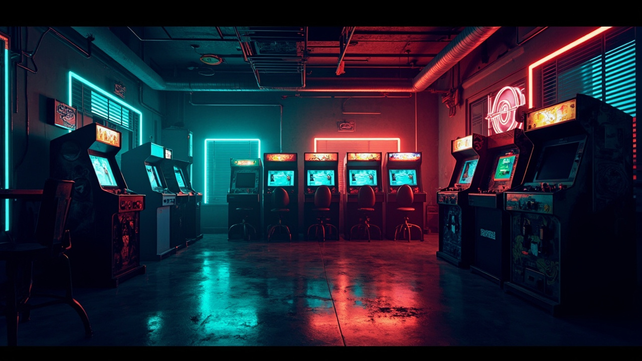 Illustration of a neon-lit retro arcade interior